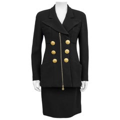 1990s Chanel Black Wool Skirt Suit with Large Gold Buttons