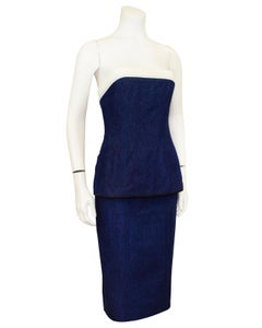 1987 Spring RTW Chanel Blue and White Denim Strapless Top & Skirt Ensemble