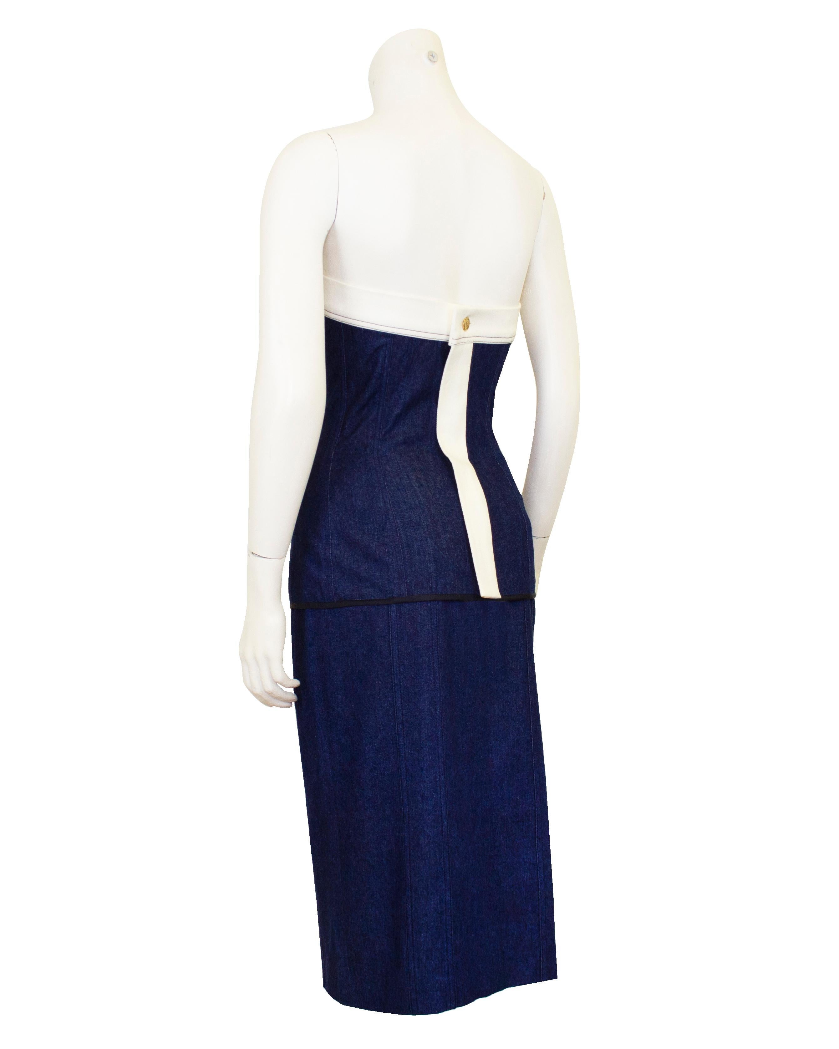 Black 1990s Chanel Blue and White Denim Strapless Top & Skirt Ensemble For Sale