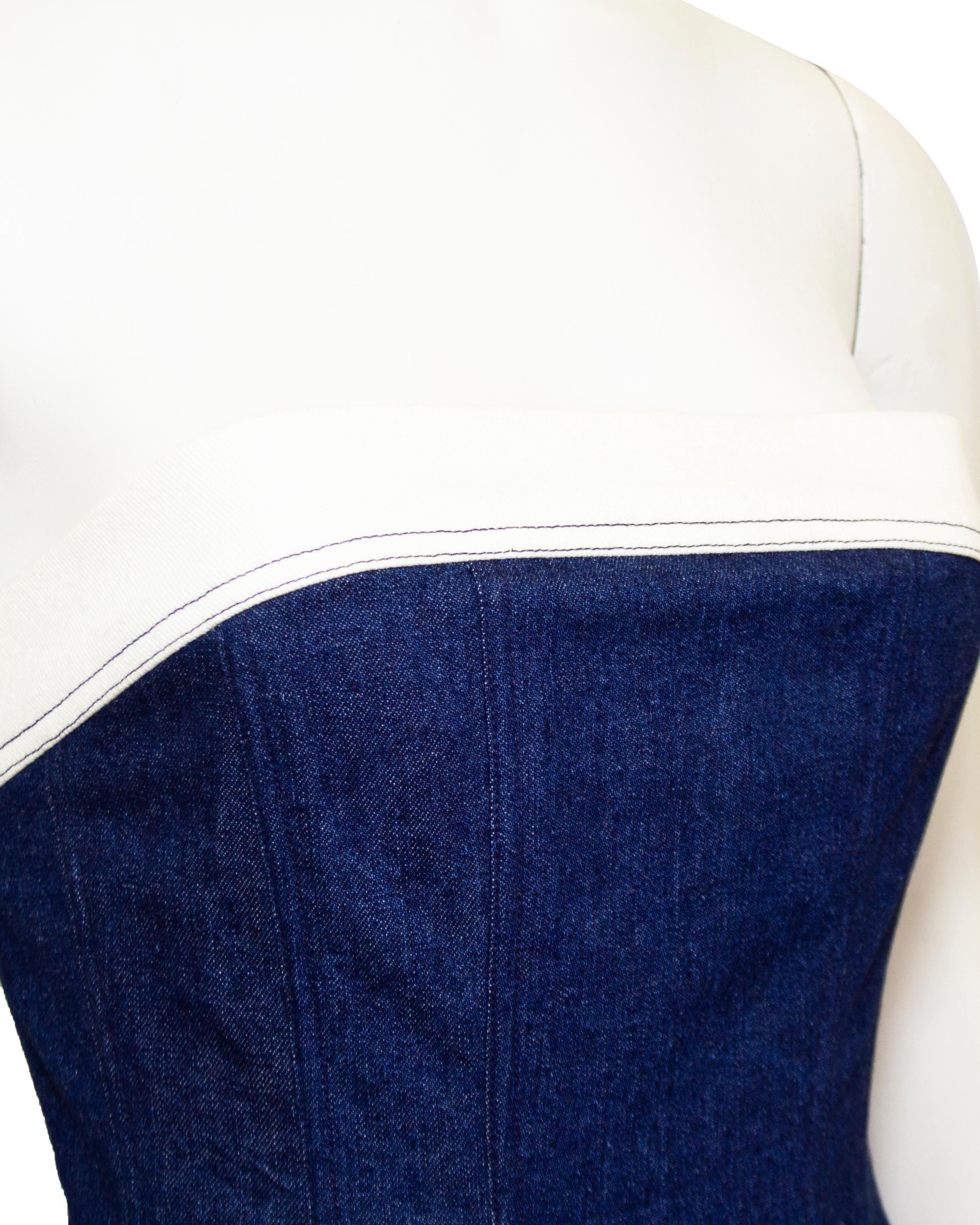 1990s Chanel Blue and White Denim Strapless Top & Skirt Ensemble In Good Condition For Sale In Toronto, Ontario