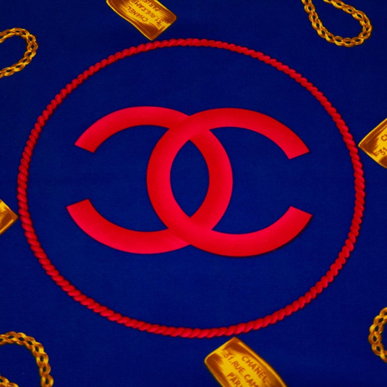 1990's Chanel Red Silk Gripoix Jewels Scarf