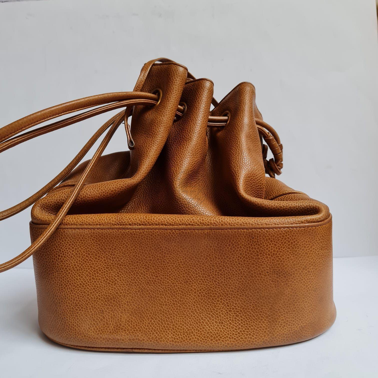 1990s Chanel Brown Caviar Leather CC Quilted Drawstring Hobo Bag 9