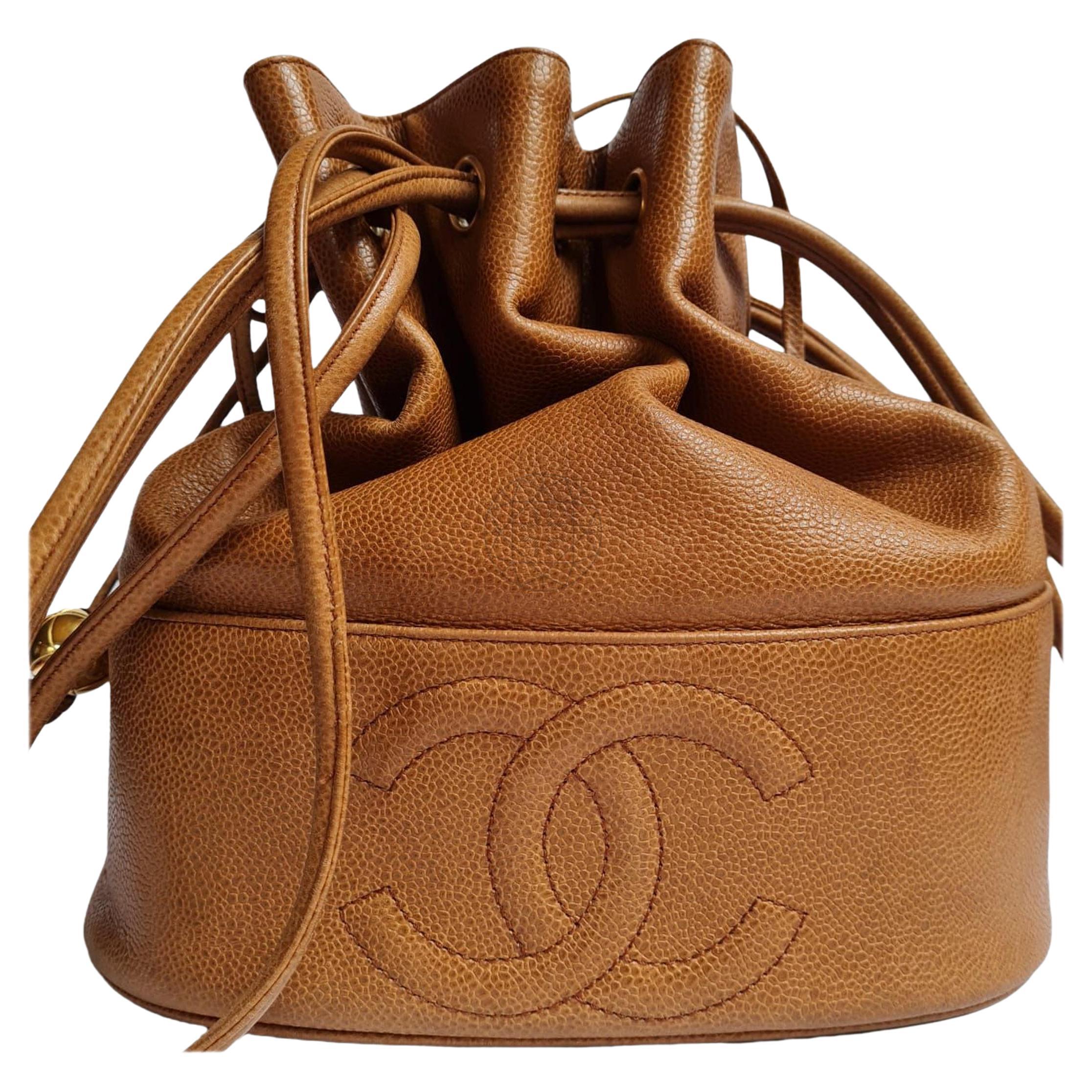 1990s Chanel Brown Caviar Leather CC Quilted Drawstring Hobo Bag