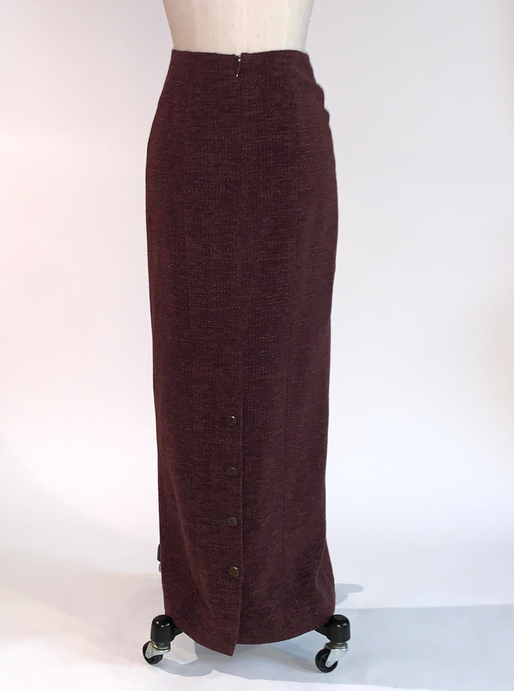 1990s Chanel Burgundy Logo Button Tweed Maxi Pencil Skirt  In Excellent Condition In San Francisco, CA