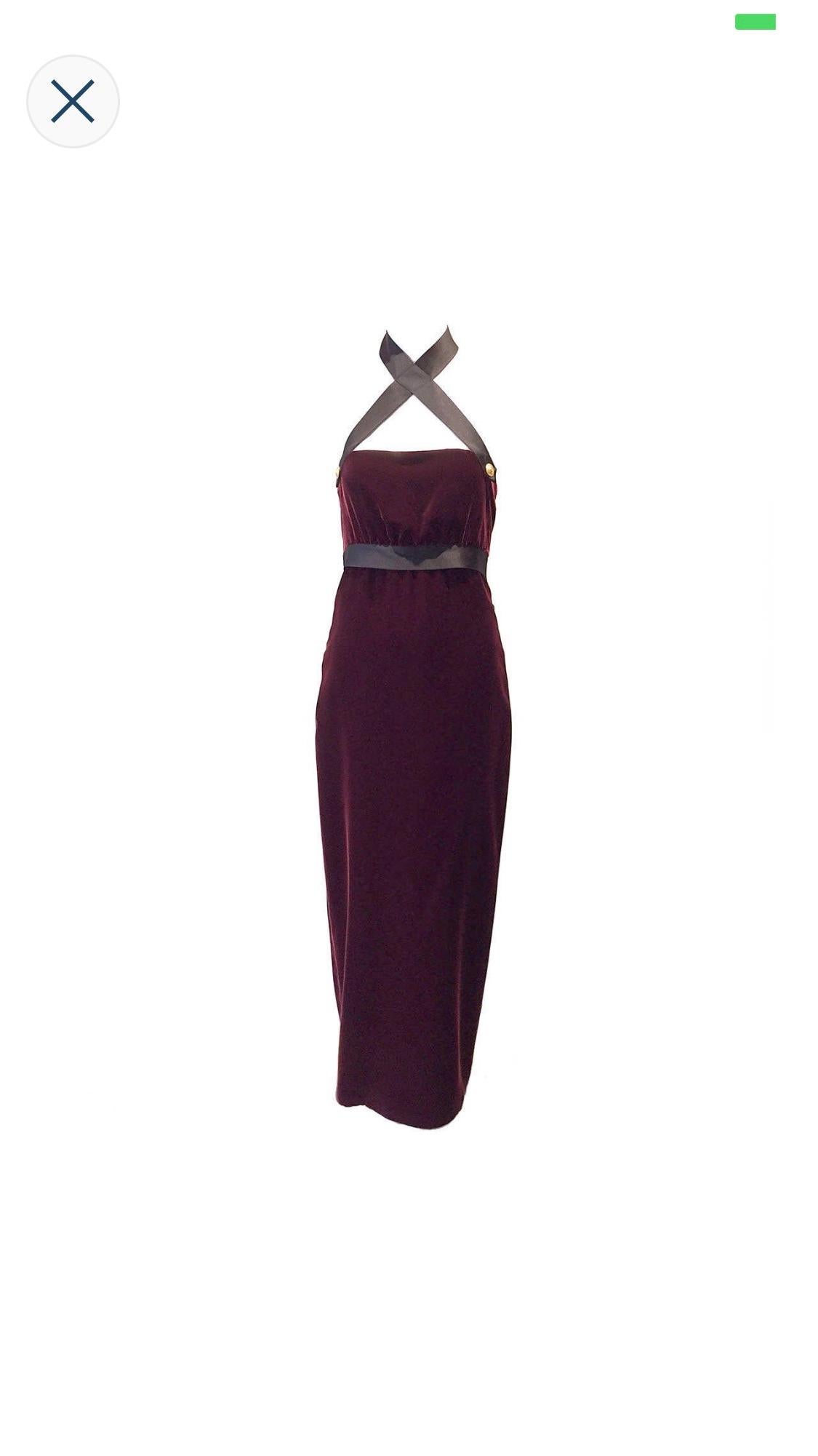 1990s Chanel burgundy velvet halter gown 1