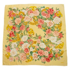 1990s Chanel Butter Yellow Silk Scarf with Roses