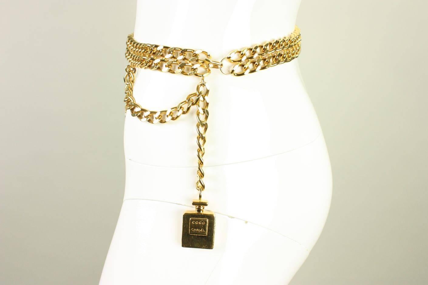 1990's Chanel Chain Link Belt with Perfume Bottle Dangle In Excellent Condition In Los Angeles, CA