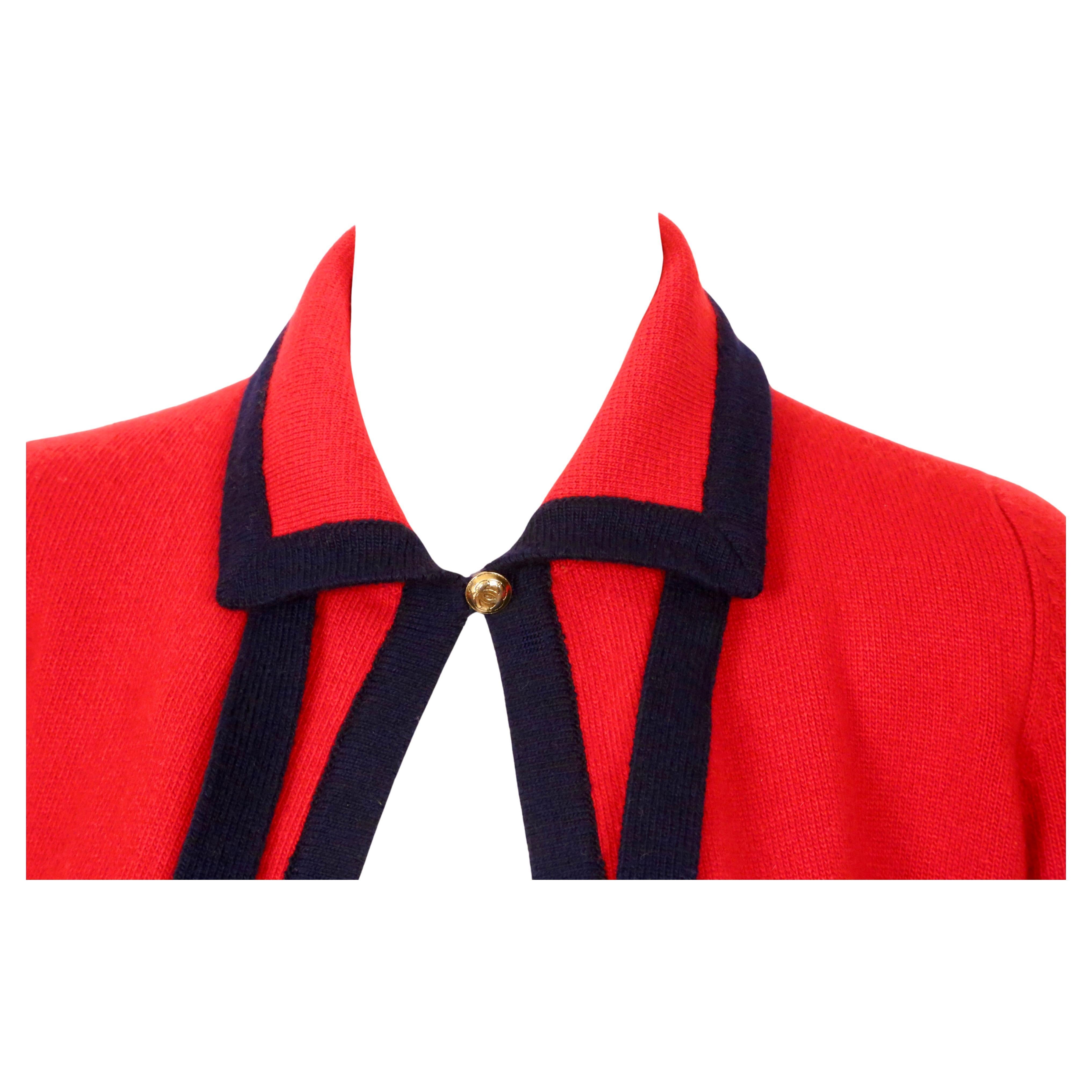 Red 1990's CHANEL classic red and navy blue cashmere cardigan sweater For Sale