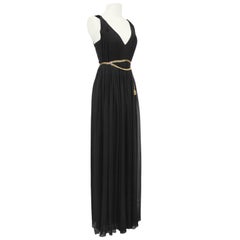 1990s Chanel Collection 18 Black Chiffon Gown with Gold Chain Belt
