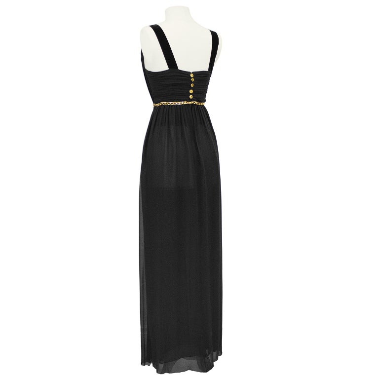 1990s Chanel Collection 18 Black Chiffon Gown with Gold Chain Belt  In Good Condition For Sale In Toronto, Ontario