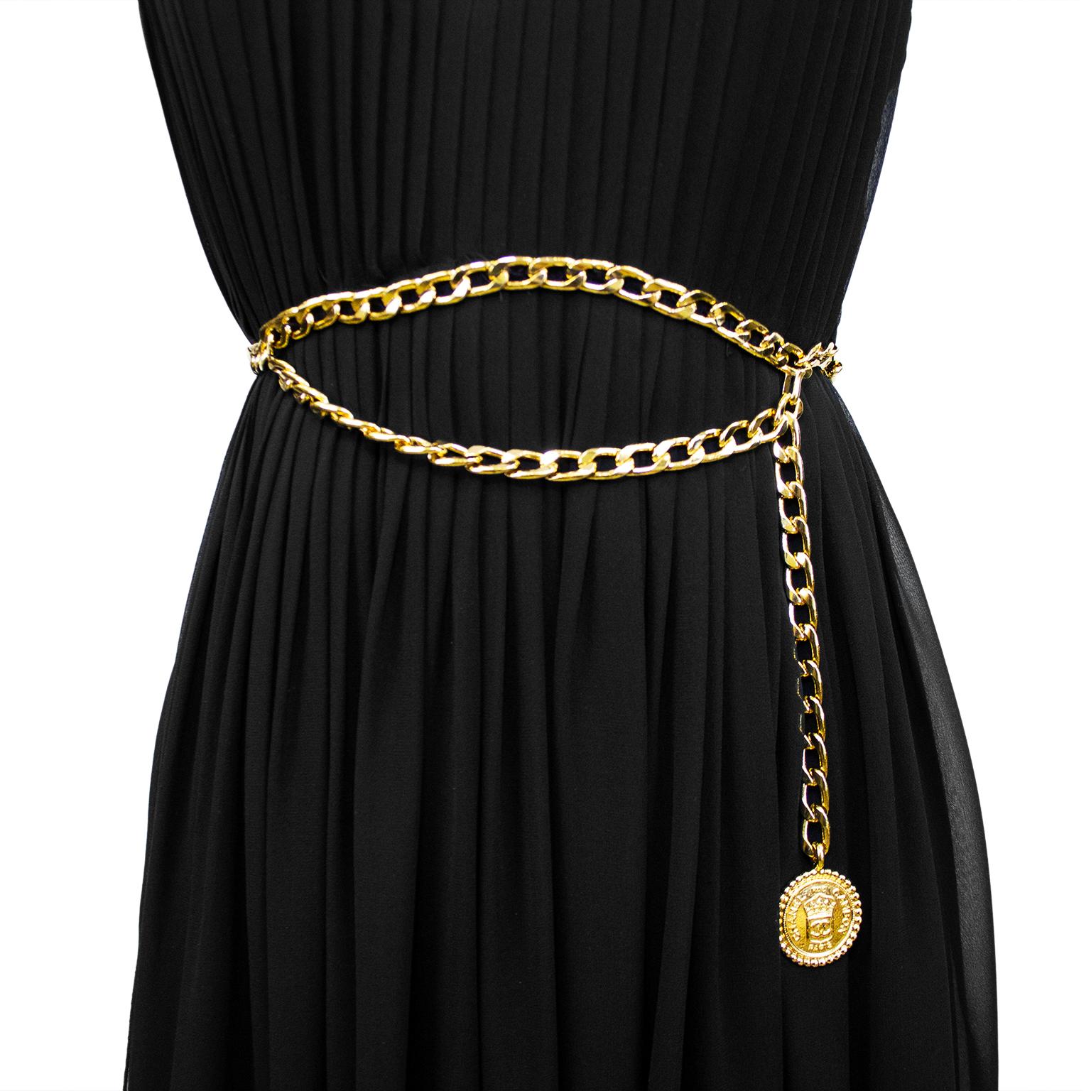 1990s Chanel Collection 18 Black Chiffon Gown with Gold Chain Belt  In Good Condition For Sale In Toronto, Ontario