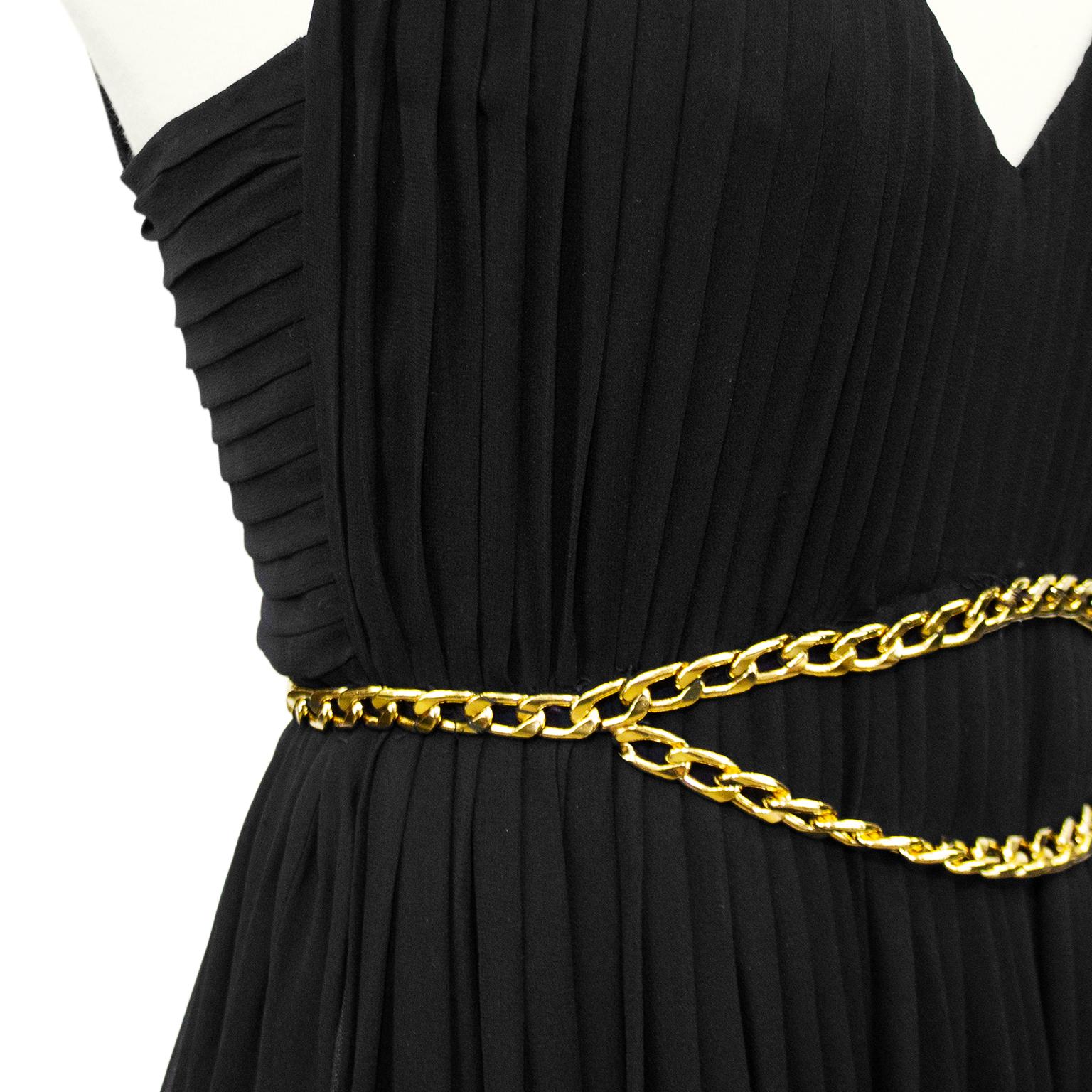Women's 1990s Chanel Collection 18 Black Chiffon Gown with Gold Chain Belt  For Sale