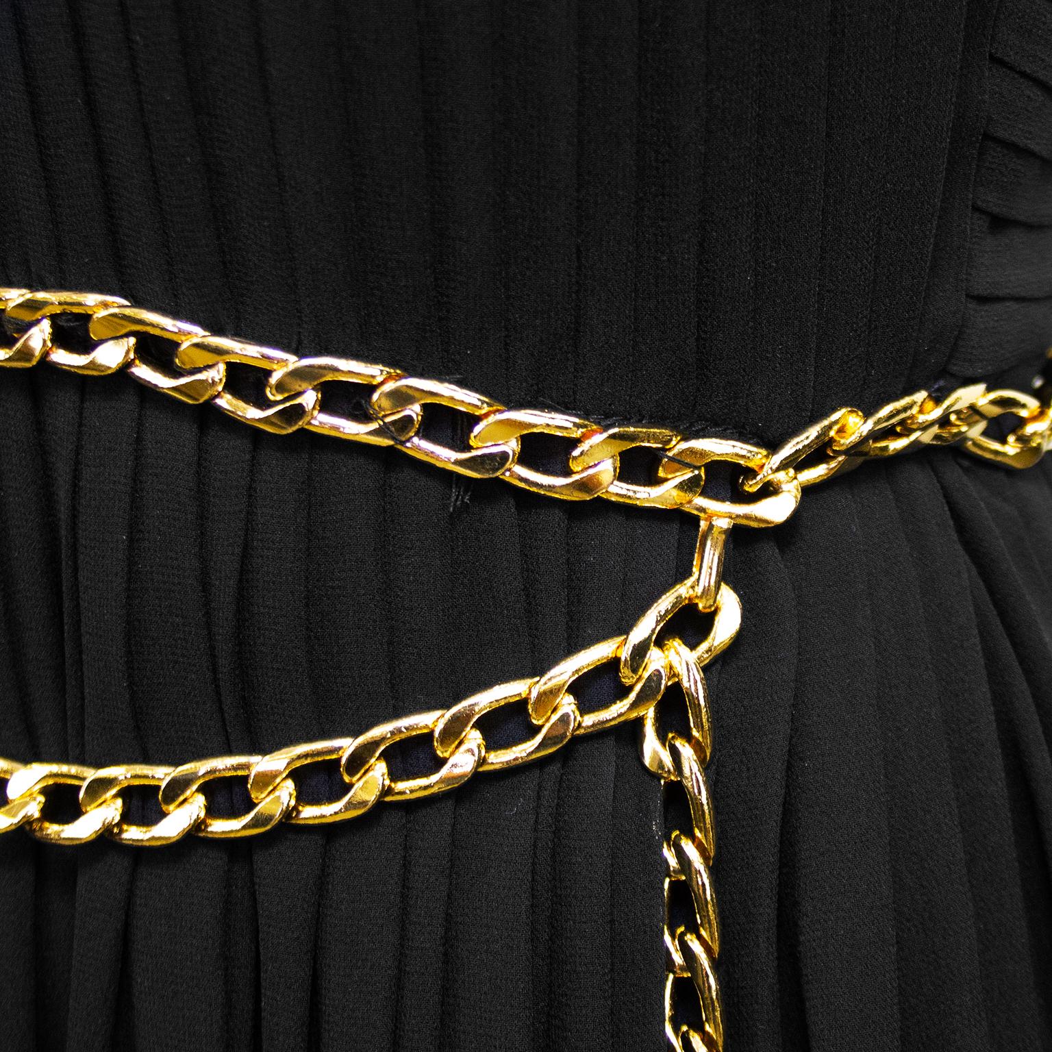 1990s Chanel Collection 18 Black Chiffon Gown with Gold Chain Belt  For Sale 1