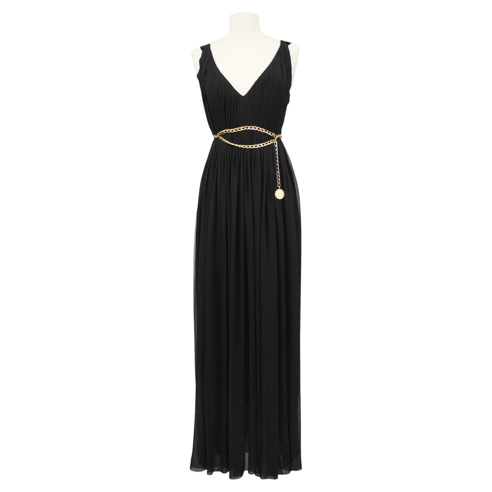 1990s Chanel Collection 18 Black Chiffon Gown with Gold Chain Belt For Sale