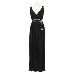 1990s Chanel Collection 18 Black Chiffon Gown with Gold Chain Belt 