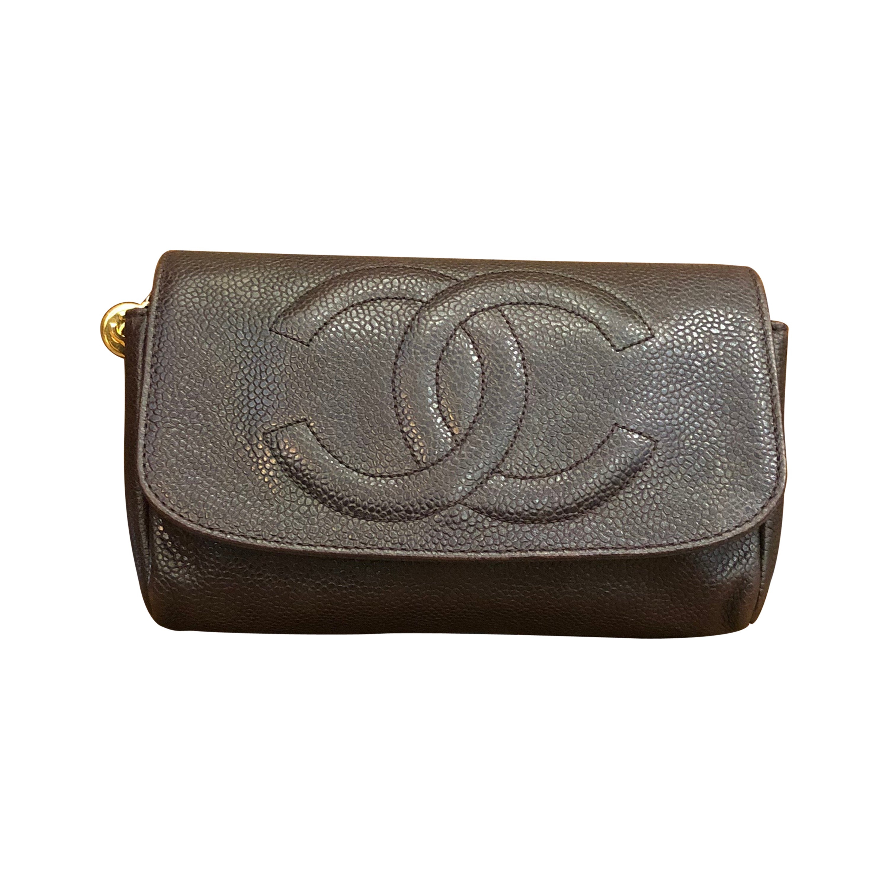 1990s CHANEL Dark Brown Caviar Cosmetic Pouch Clutch Bag