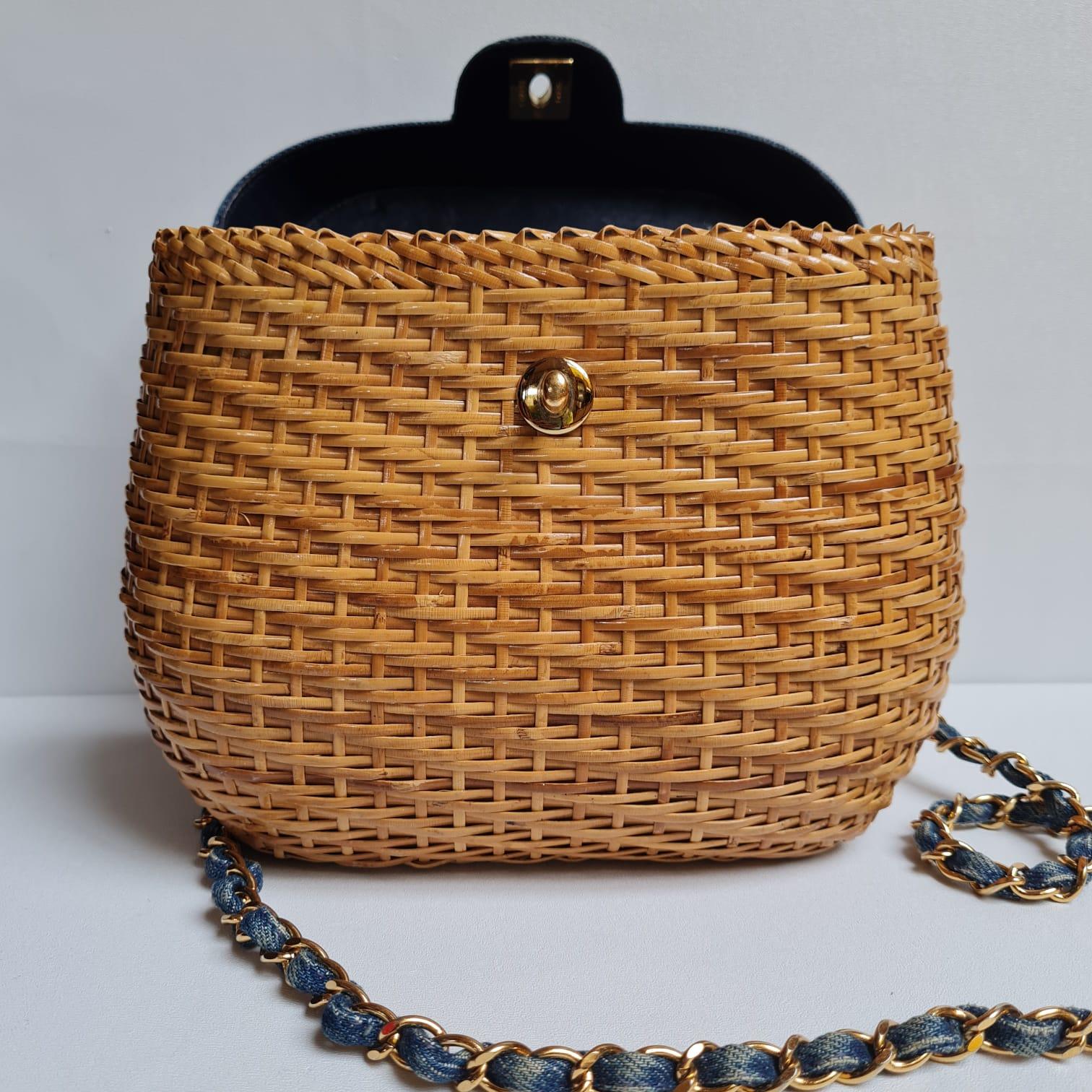 1990s Chanel Denim Rattan Basket Bag  For Sale 8