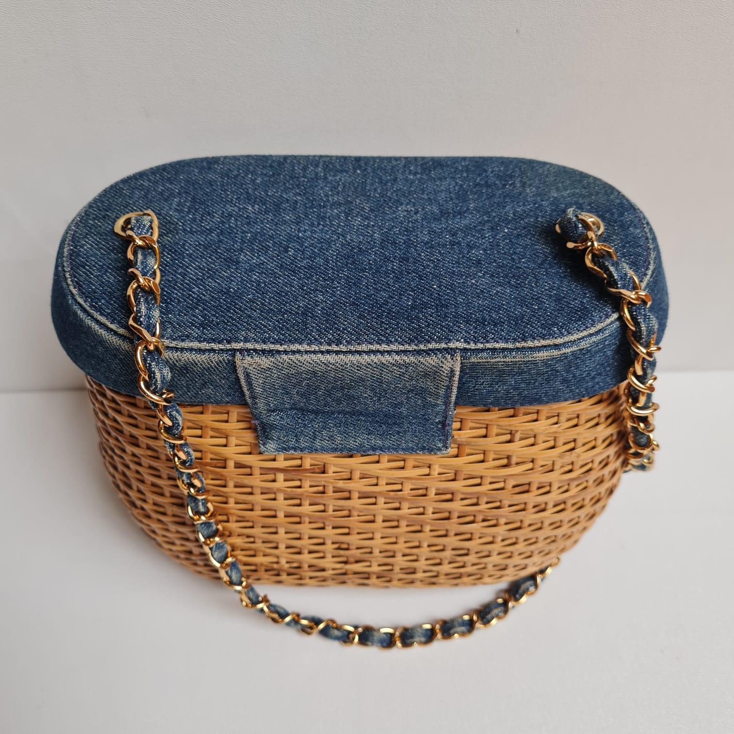 1990s Chanel Denim Rattan Basket Bag  For Sale 10