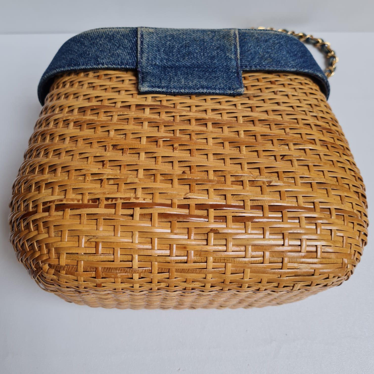 1990s Chanel Denim Rattan Basket Bag  For Sale 13