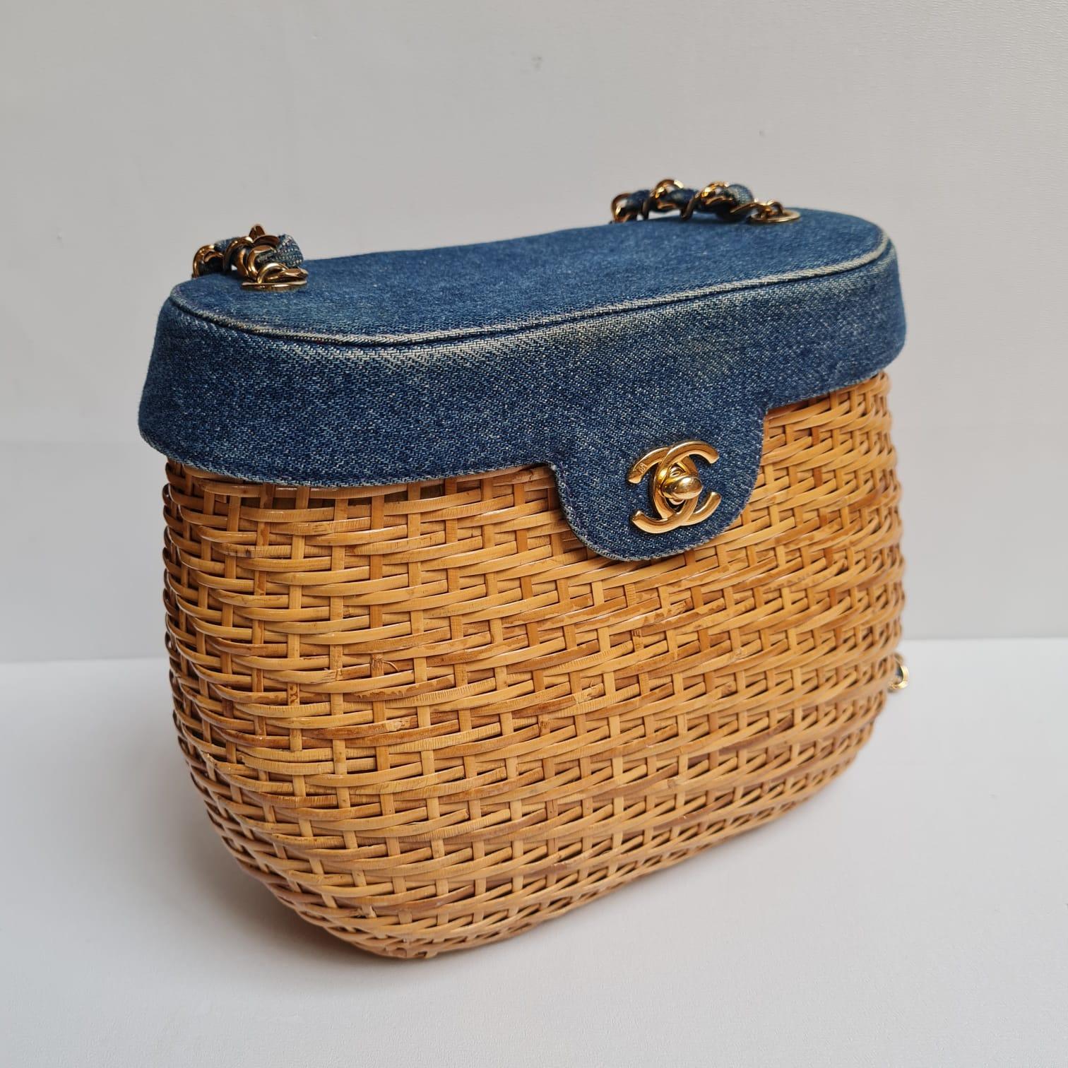 Women's or Men's 1990s Chanel Denim Rattan Basket Bag  For Sale