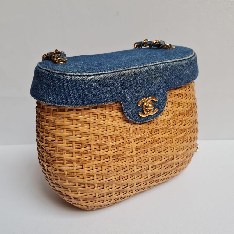 1990s Chanel Denim Rattan Basket Bag For Sale at 1stDibs