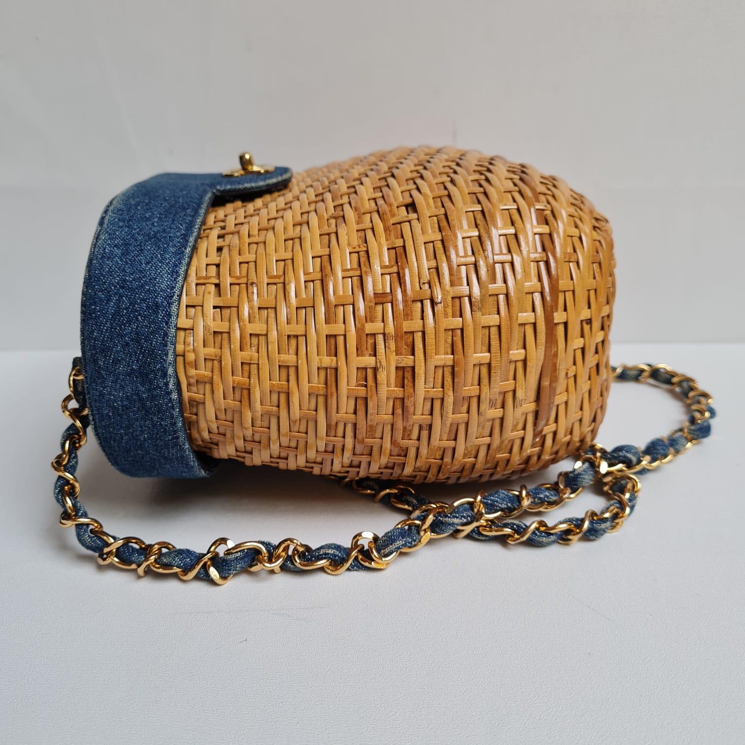 1990s Chanel Denim Rattan Basket Bag  For Sale 2