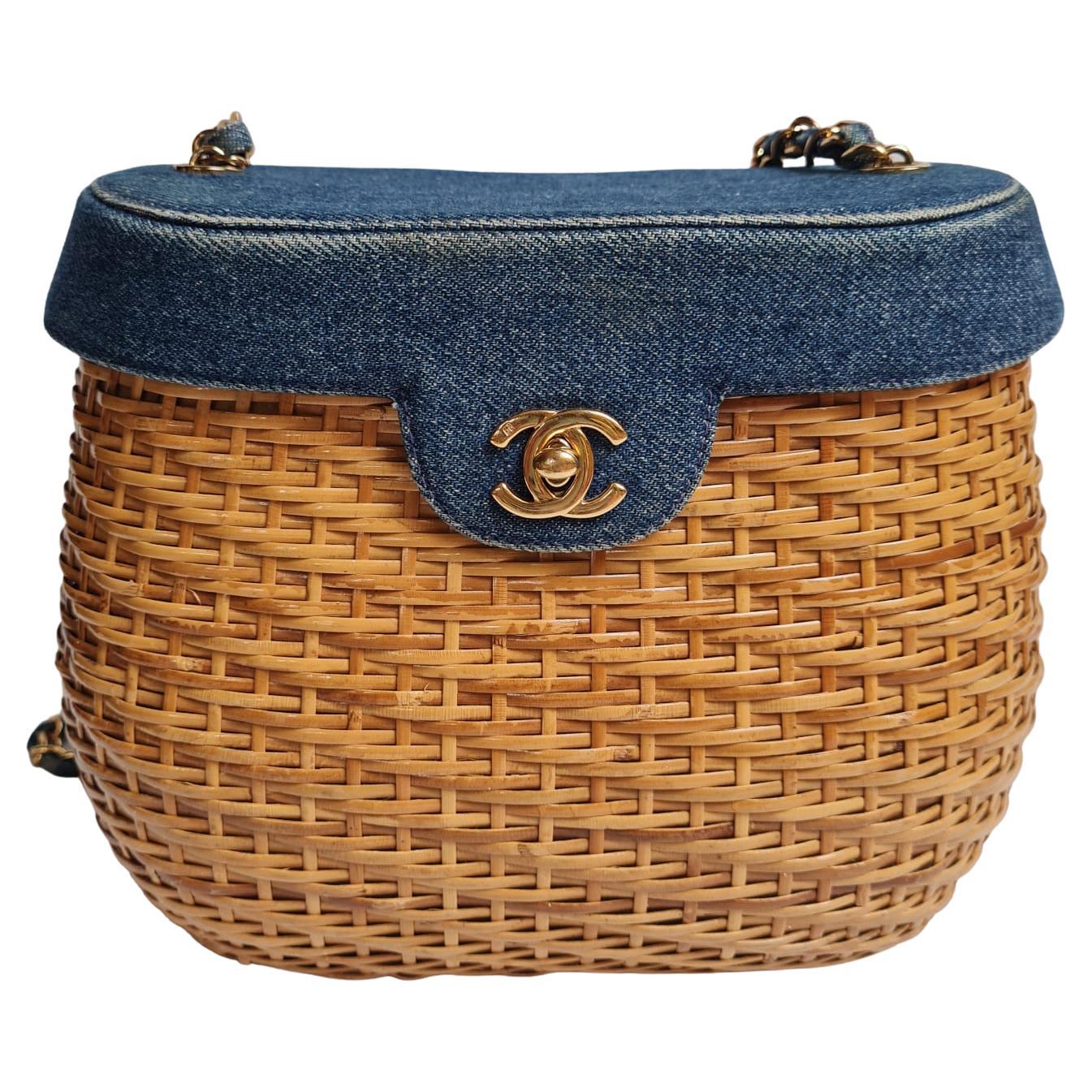 1990s Chanel Denim Rattan Basket Bag  For Sale