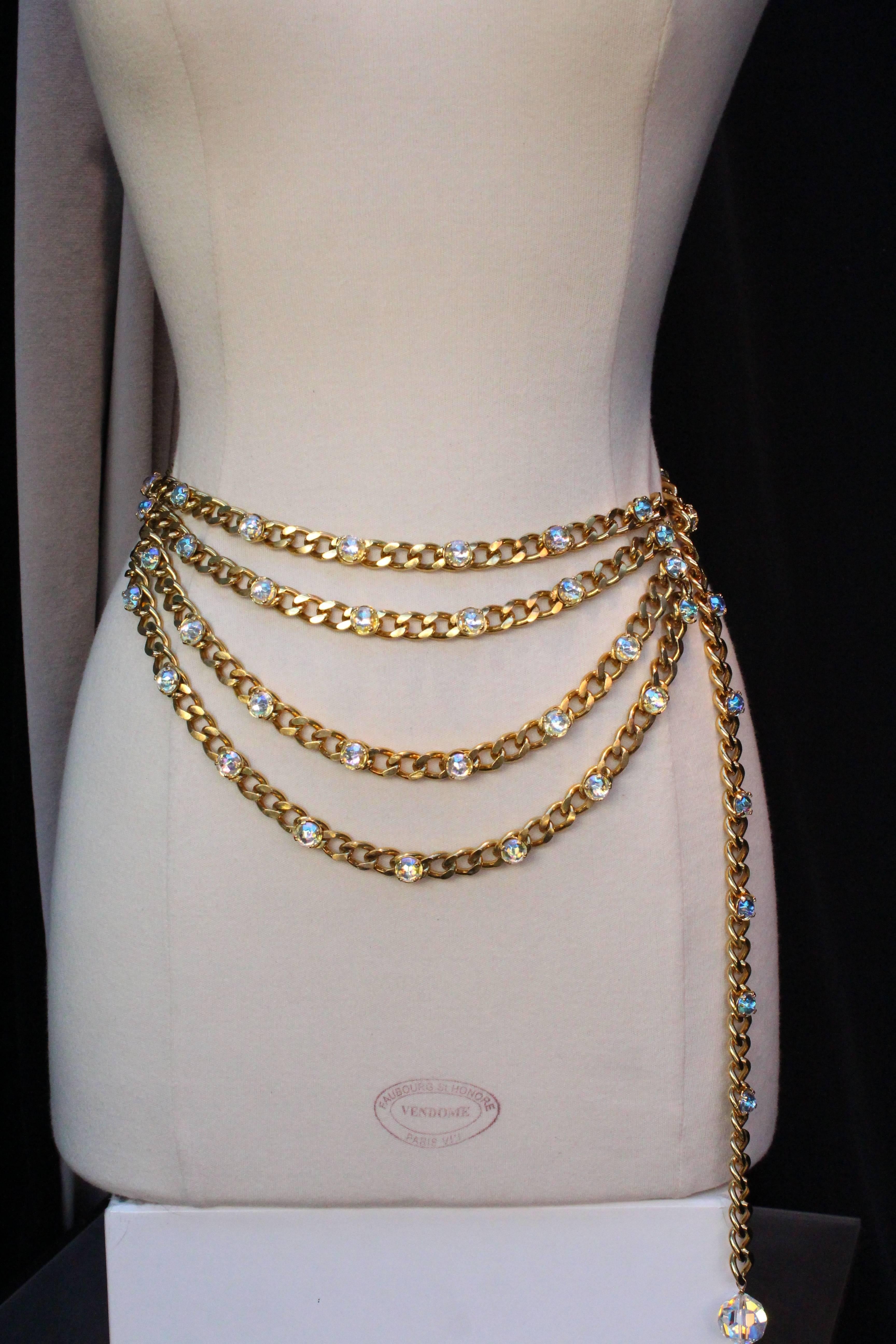 Women's or Men's 1990s Chanel gilded metal curb chain and rhinestones belt / necklace