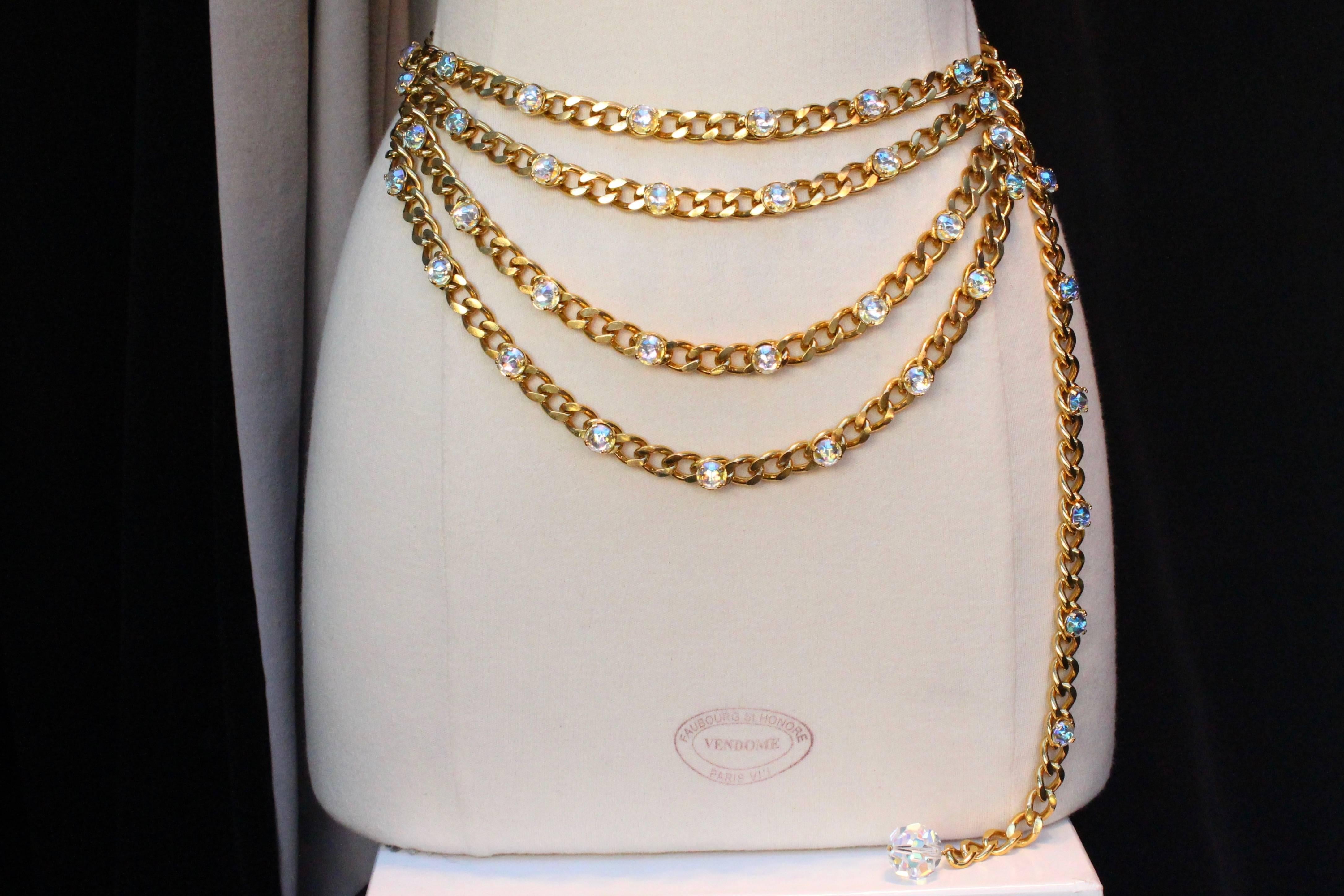 1990s Chanel gilded metal curb chain and rhinestones belt / necklace 1