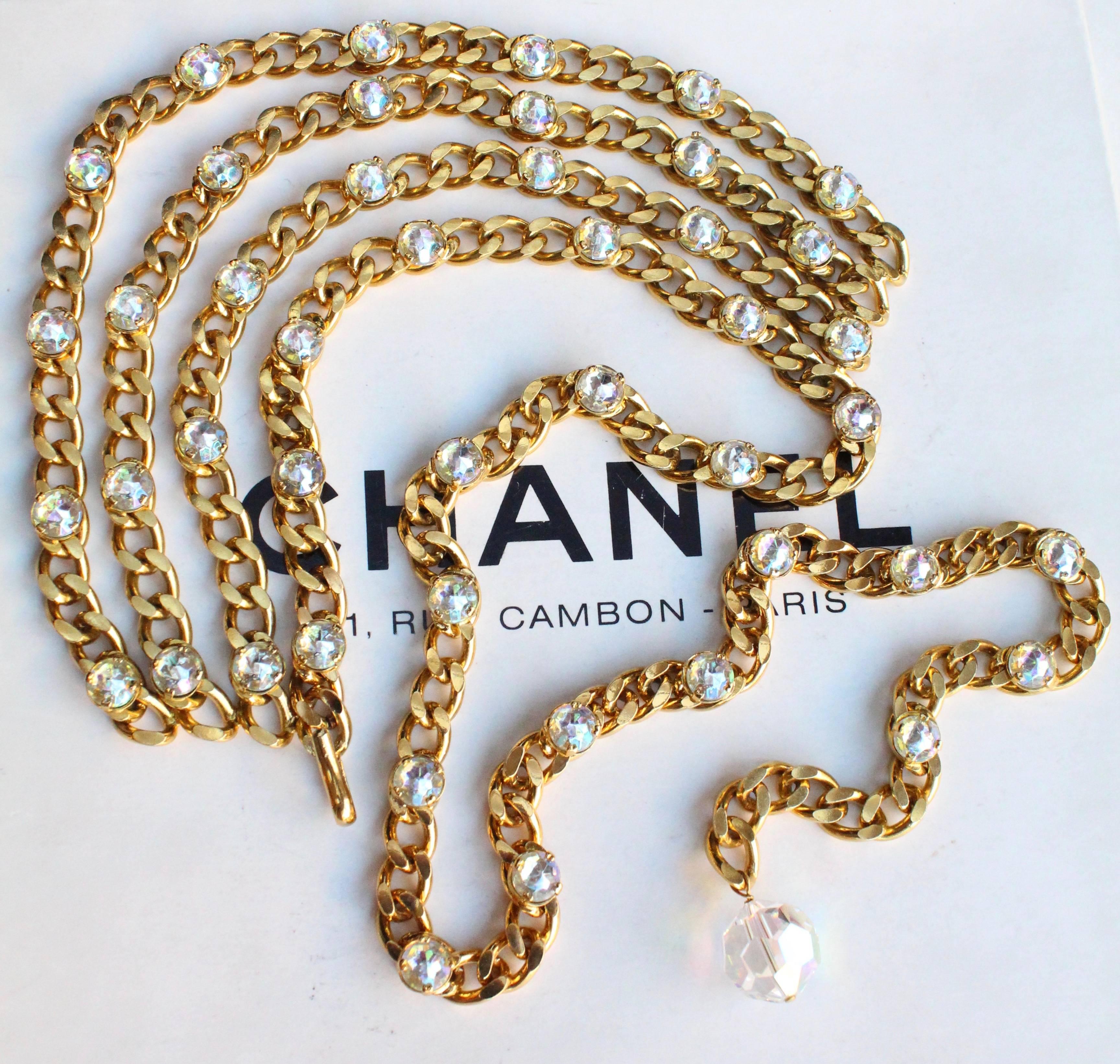 1990s Chanel gilded metal curb chain and rhinestones belt / necklace 2
