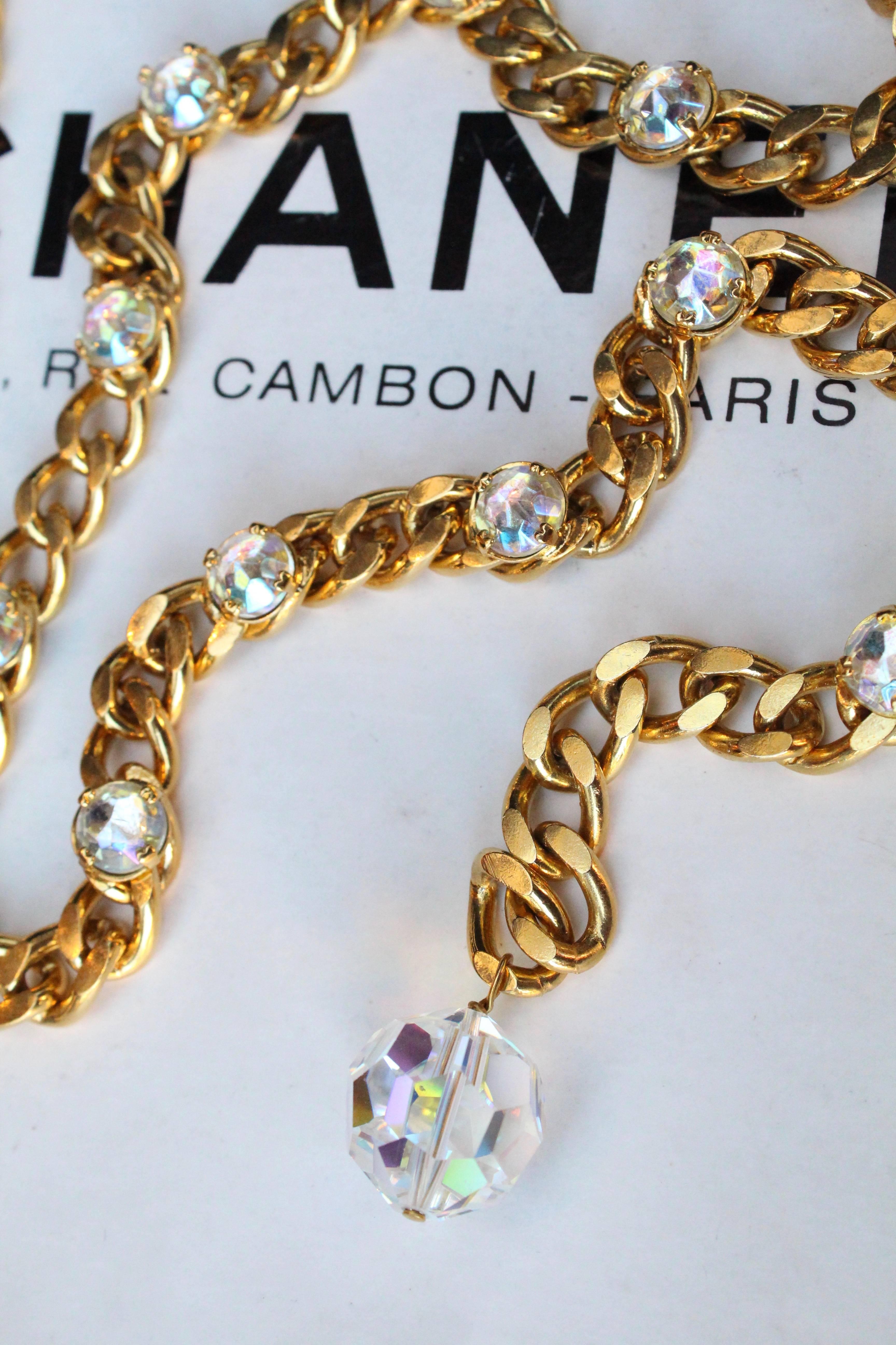 1990s Chanel gilded metal curb chain and rhinestones belt / necklace 4