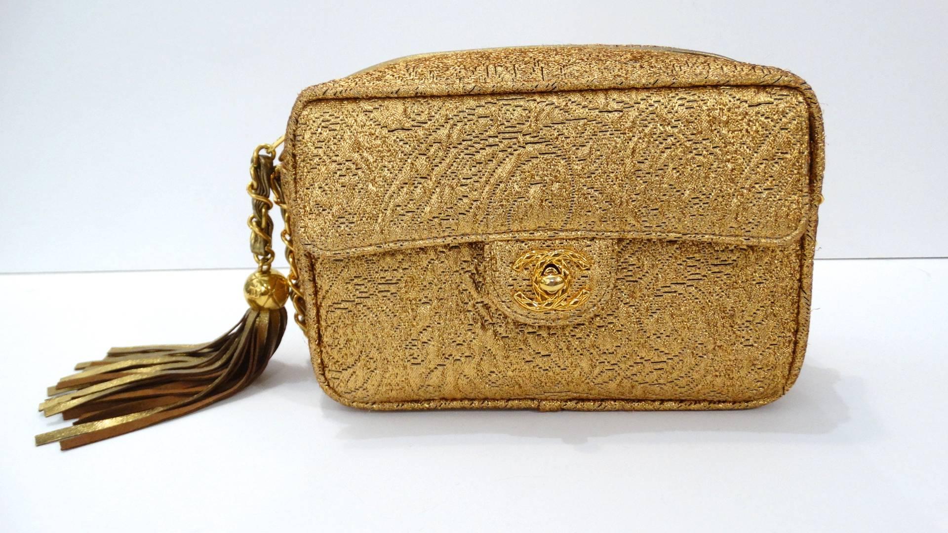 Chanel Gold Brocade Camera Bag with Tassel, 1990s  15