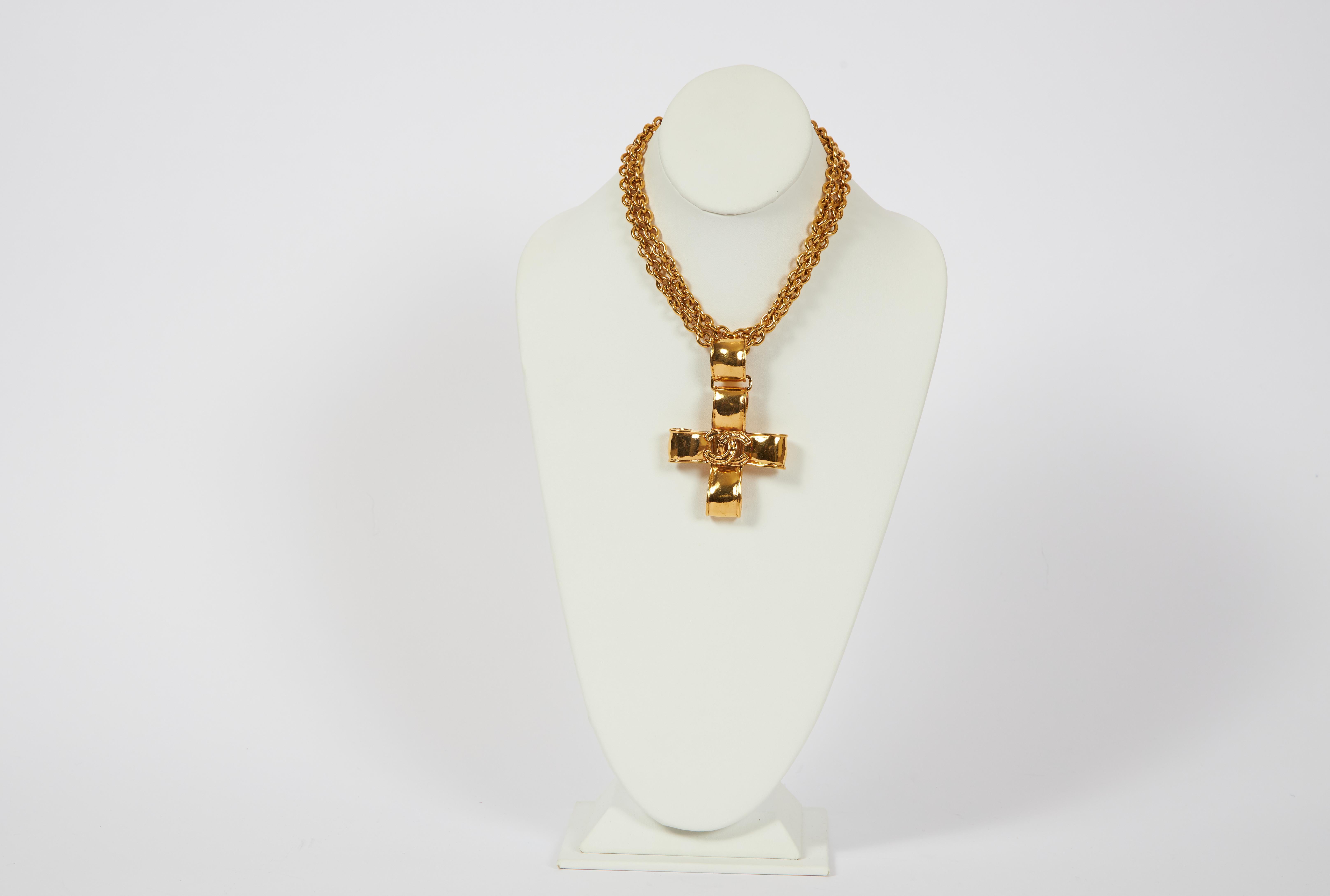 Women's 1990's Chanel Gold Cross Pendant Necklace