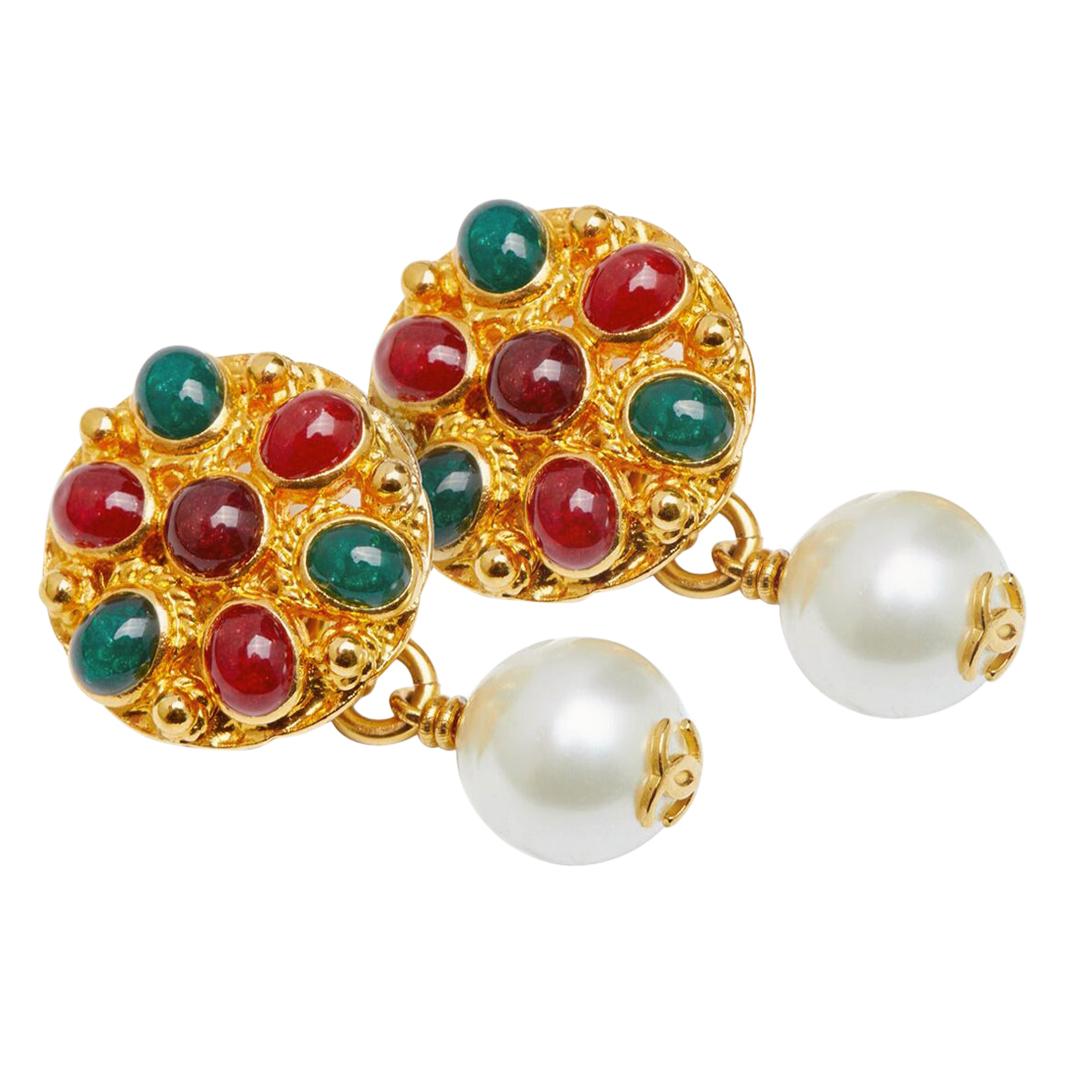 1990s Chanel Gold, Green and Red Maison Gripoix Cufflinks With Pearls