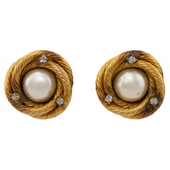 Vintage 1990s Chanel Gold, Pearl and Rhinestone Clip On Earrings 