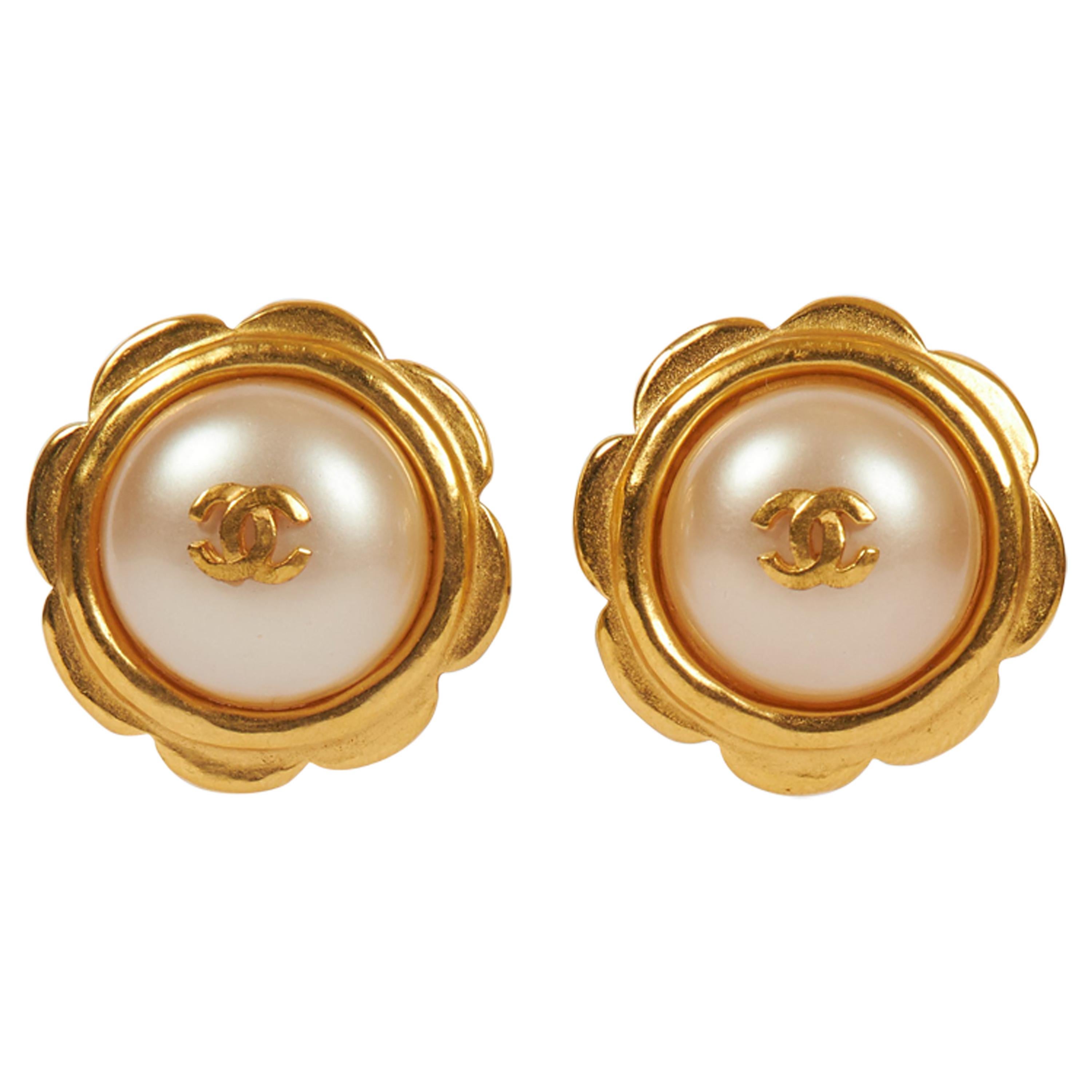 1990's Chanel  Gold Pearl Flower Earrings