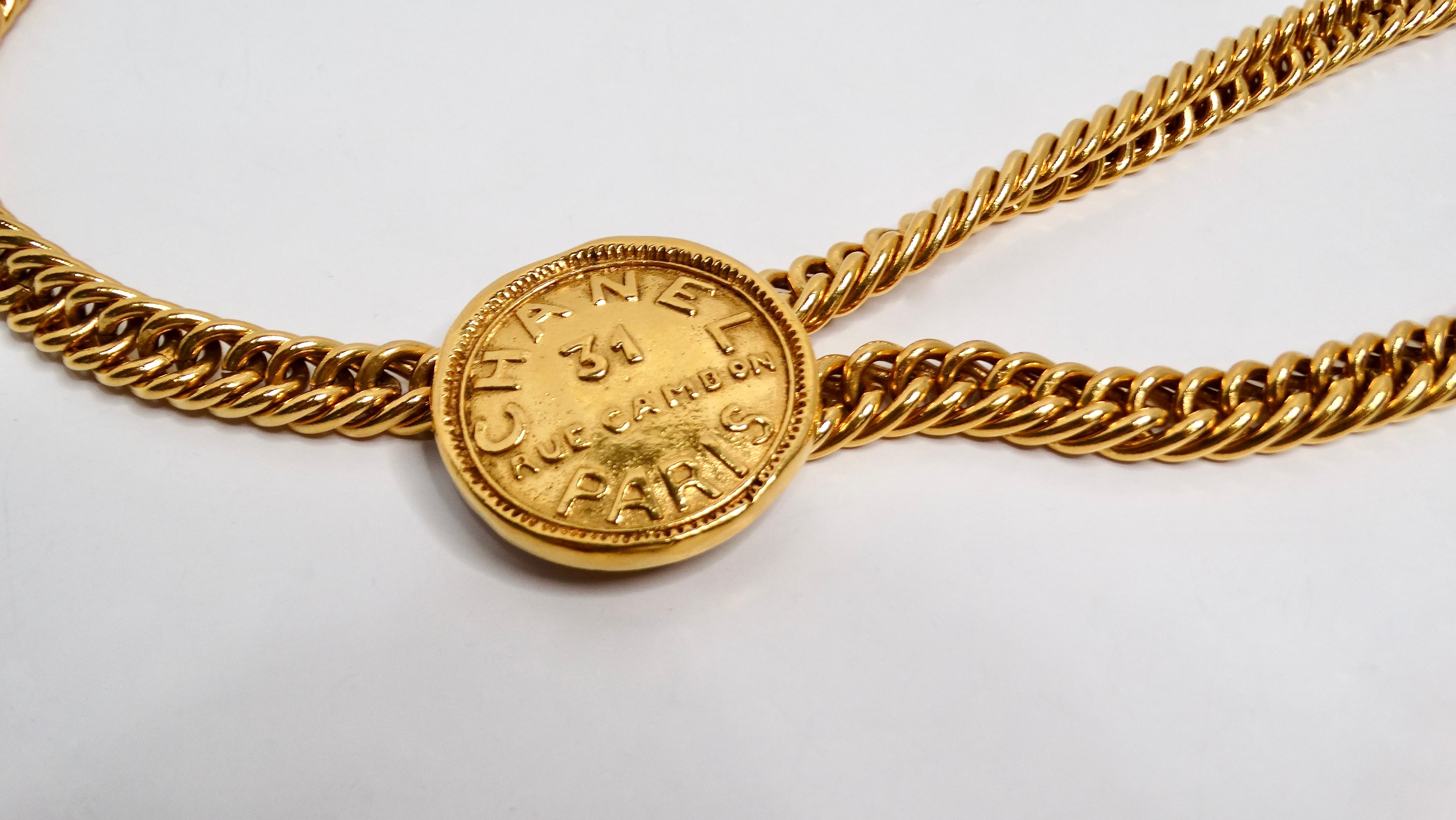 Brown 1990s Chanel Gold-Tone 31 Rue Cambon Medallion Chain Belt For Sale