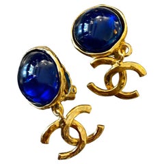 1990s Vintage CHANEL Gold Toned Blue Gripoix Dangle Earclips Clip On Earrings