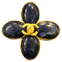 1990s Vintage CHANEL Gold Toned Lapis Lazuli Stone Clover Brooch