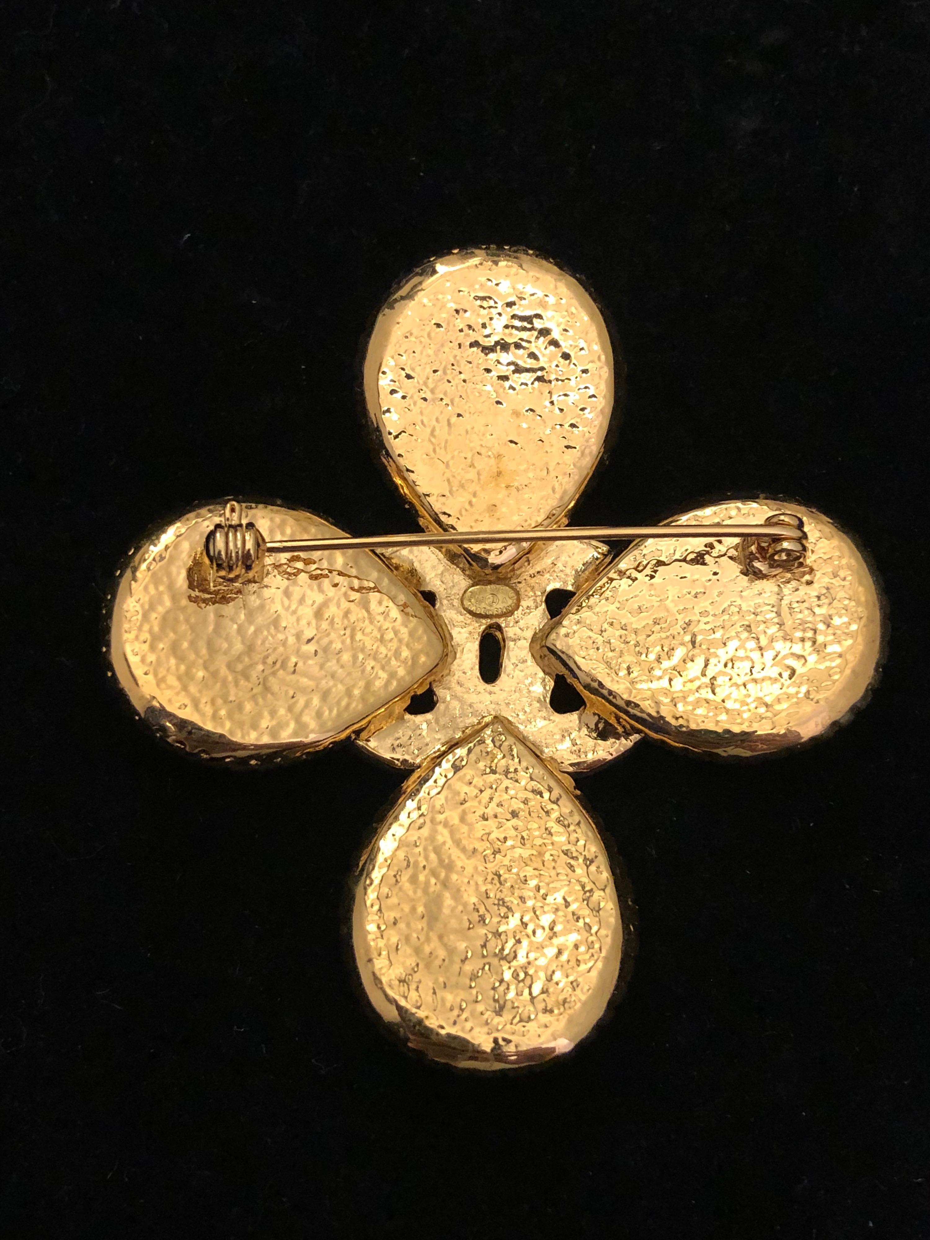 1990s Vintage CHANEL Gold Toned CC Clover Brooch 1