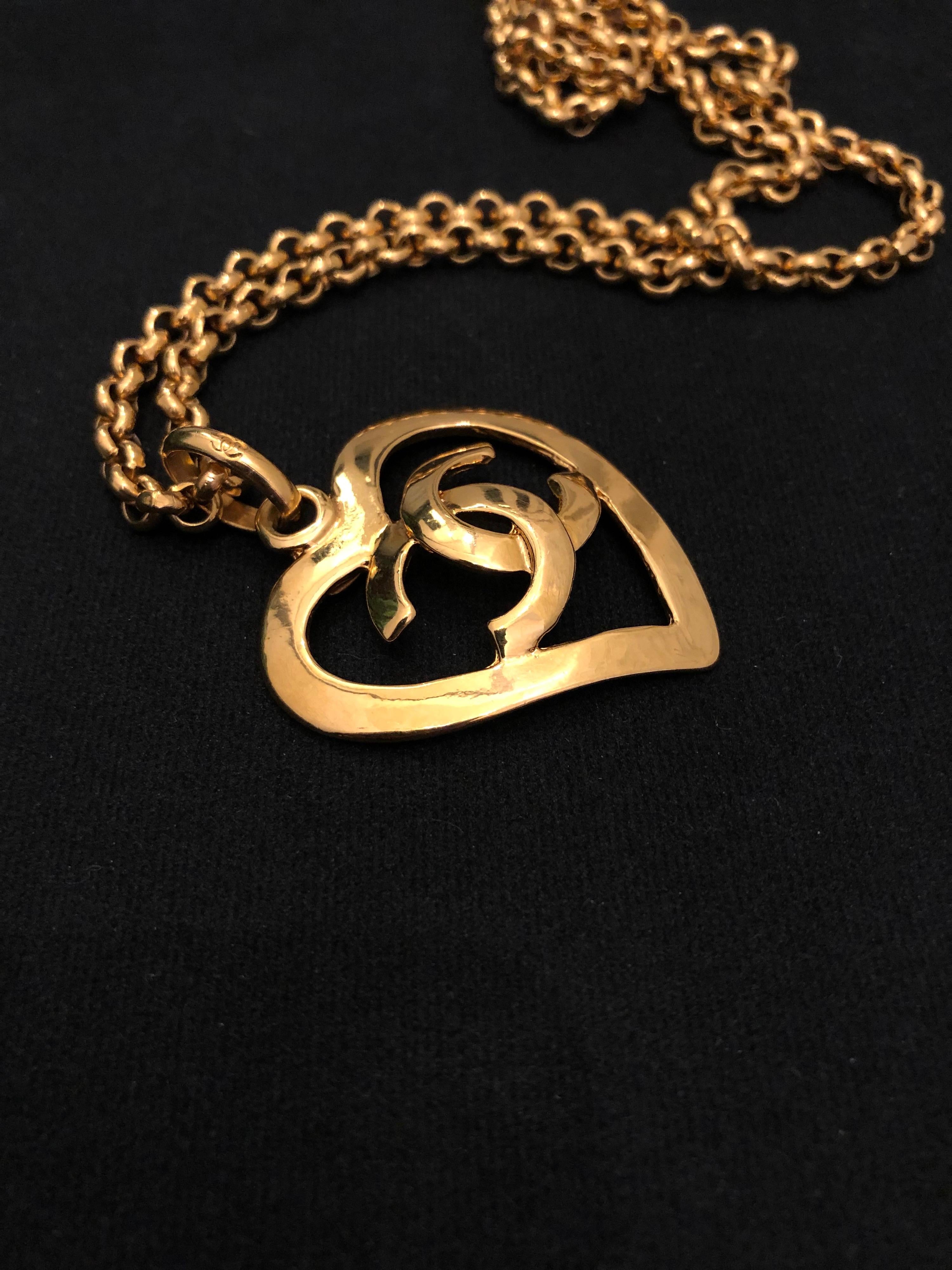 1990s Vintage CHANEL Gold Toned CC Heart Chain Necklace  1