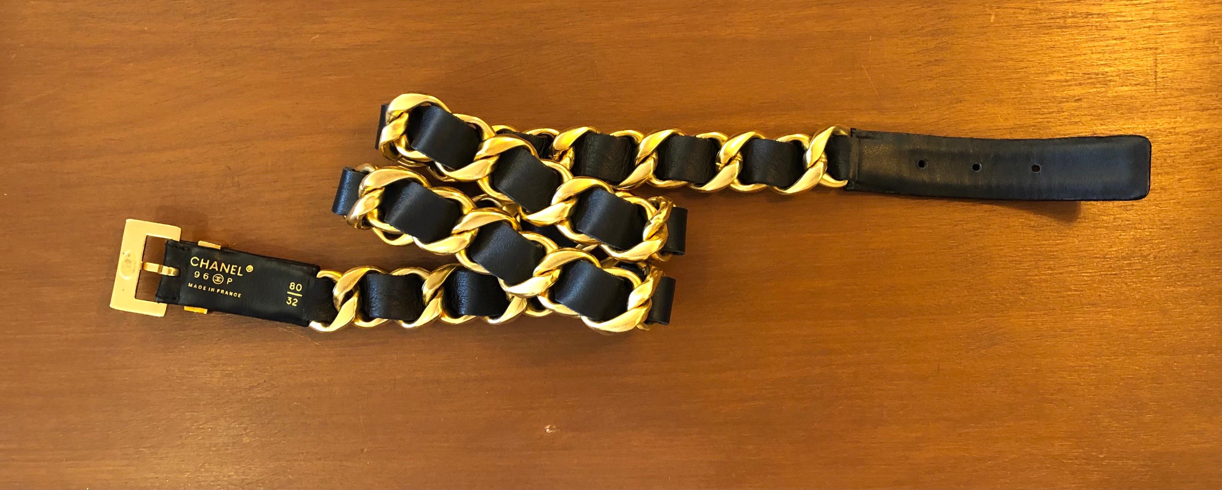 1990s Vintage CHANEL Gold Toned Leather Chain Belt Black Gold 3