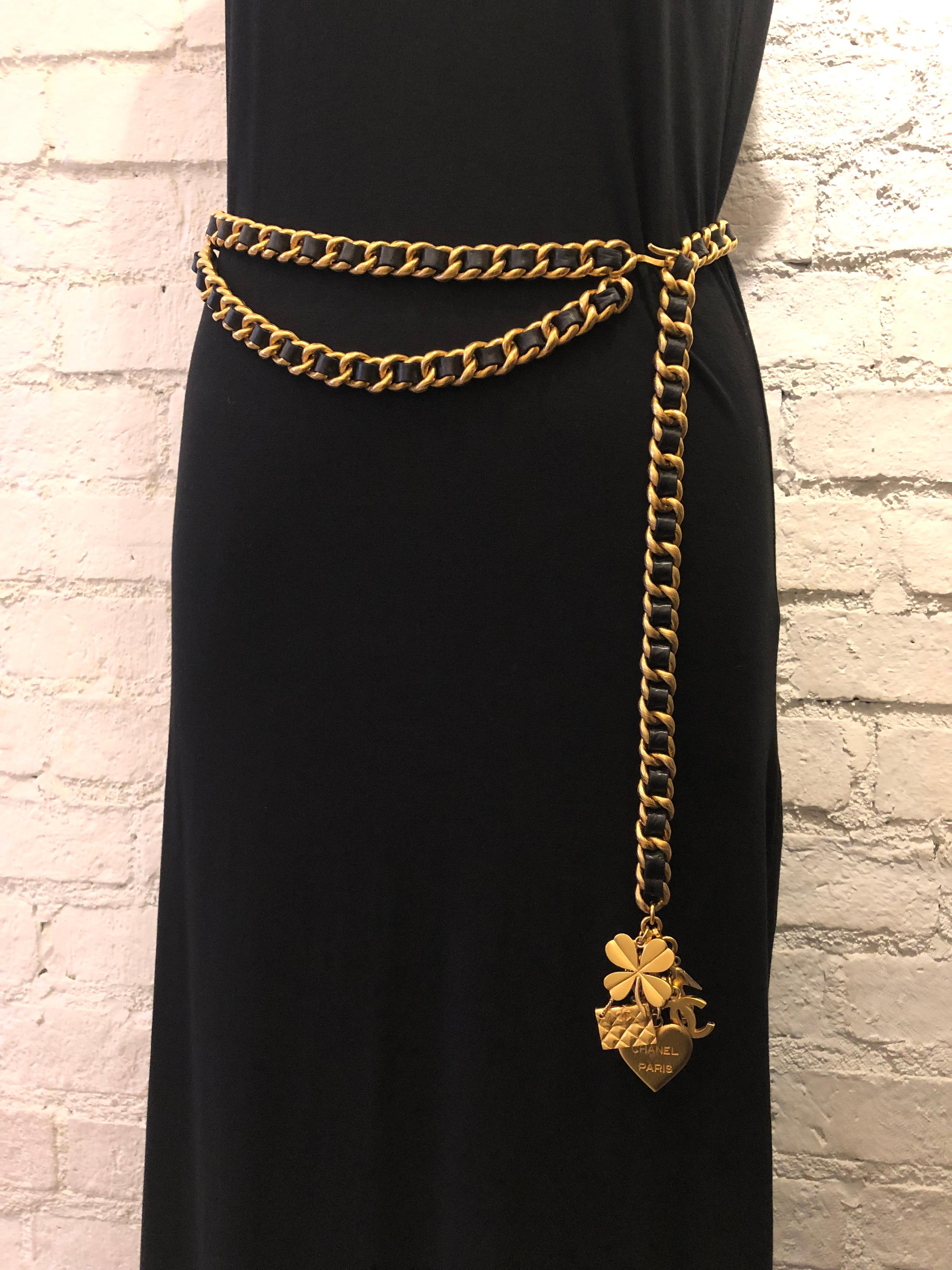 1990s Vintage Chanel Gold Toned Chain Leather Charm Belt Heart Clover Perfume 1
