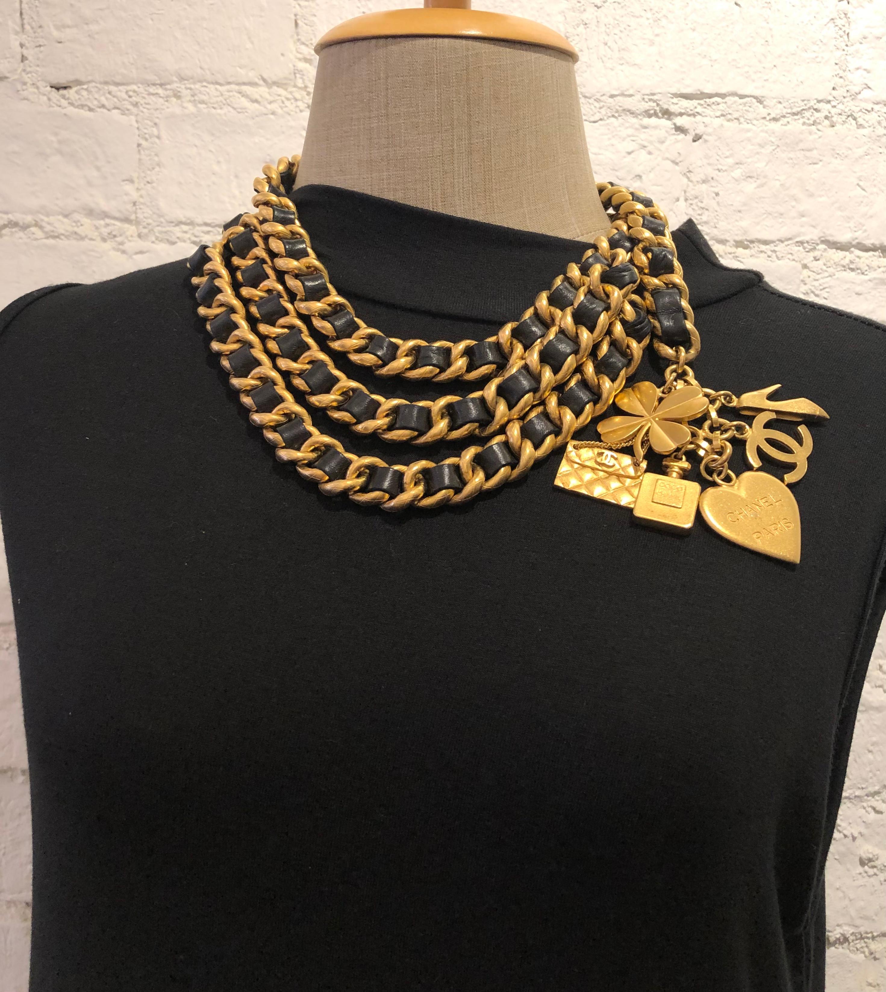 1990s Vintage Chanel Gold Toned Chain Leather Charm Belt Heart Clover Perfume 2