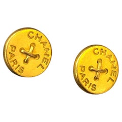1990s Retro CHANEL Gold Toned Button Clip On Earrings