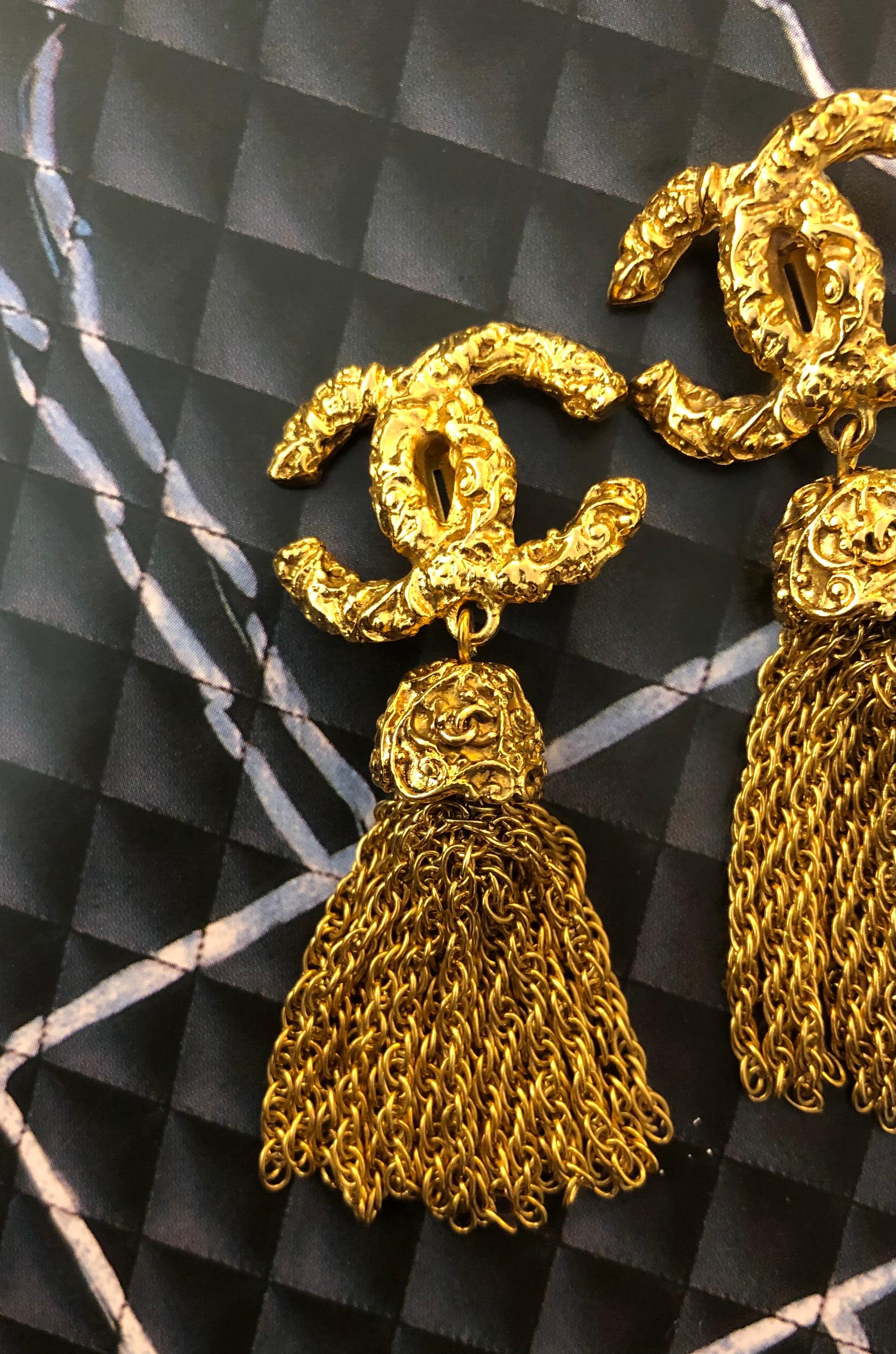1990s Chanel Gold Toned Tassel Dangle Clip On Earrings  1