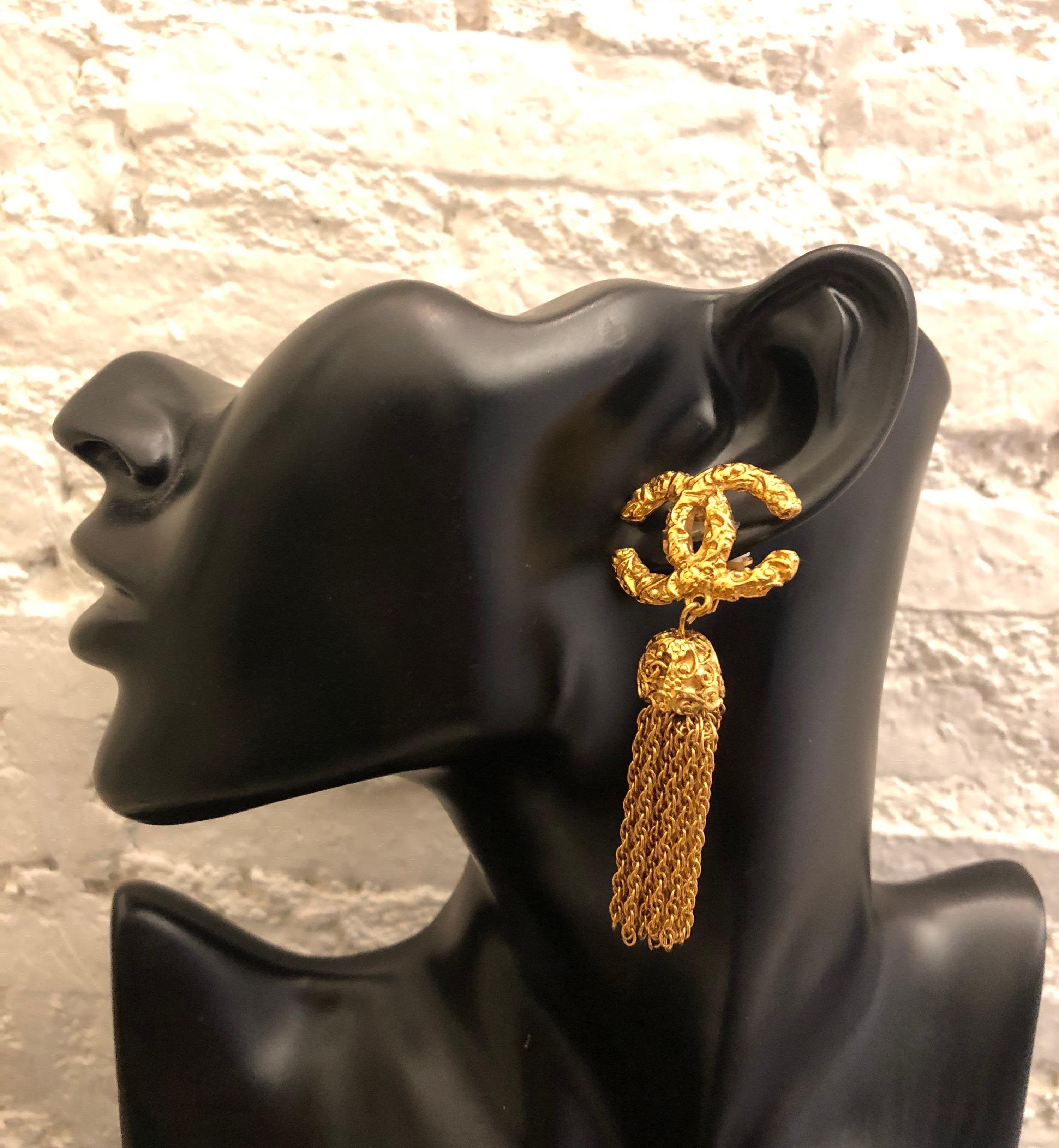 1990s Chanel Gold Toned Tassel Dangle Clip On Earrings  2