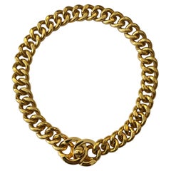 1990s Chanel Gold Toned Turnlock Chain Necklace Turn Lock