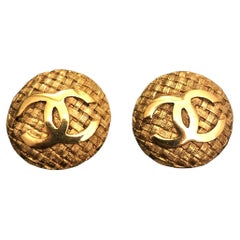 1991 Vintage CHANEL Gold Toned Tweed Clip On Earrings