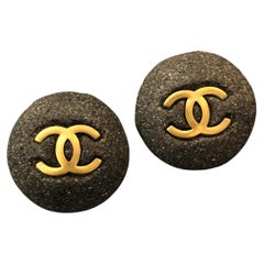 1990s Vintage CHANEL Gray Stone CC Clip On Earrings